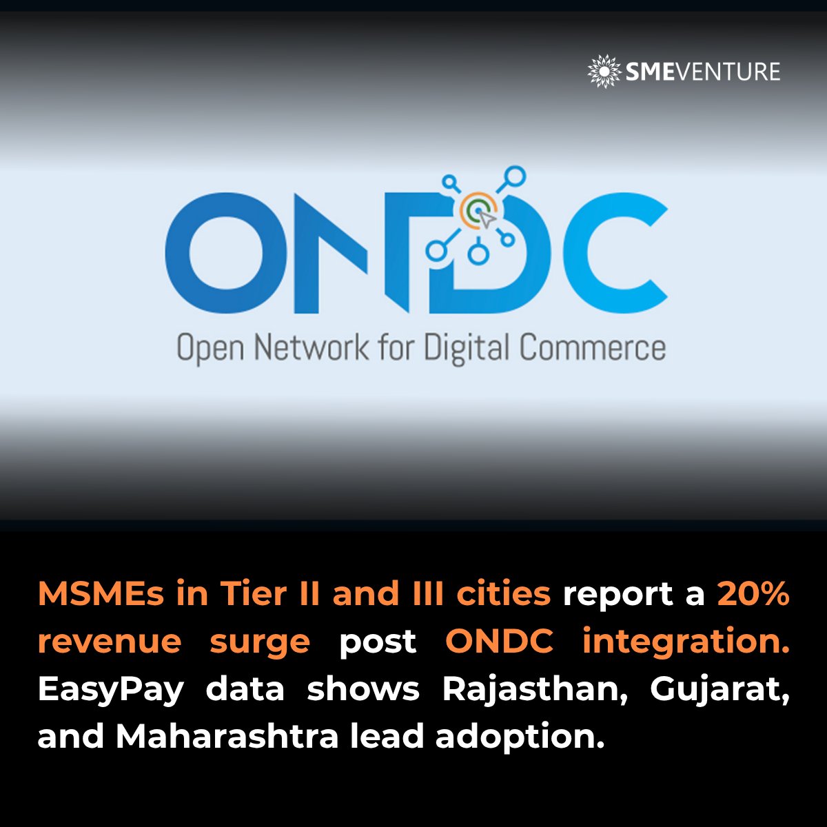 SmeVenture's tweet photo. MSMEs in smaller cities see 20% revenue boost after joining ONDC. EasyPay is enabling over 1L businesses by FY27.

https://t.co/eqAXsFpvOw

#ONDC #MSMEs https://t.co/b3SqZPaj3m
