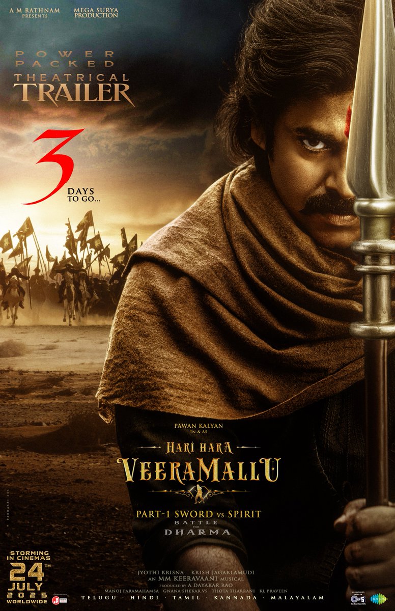 Hari Hara Veera Mallu (@hhvmfilm) on Twitter photo 3 Days until the revolution finds its face.
Until the sword speaks.
Until He arrives. โ๏ธโ๏ธ๐ฅ๐ฅ
#HHVMTrailer in your nearest cinemas on July 3rd at 11:10 AM ๐ฆ
๐ฆ
๐ฅ๐ฅ
#HariHaraVeeraMallu ๐น
#HHVMonJuly24th #HHVM
Powerstar <a href="/PawanKalyan/">Pawan Kalyan</a> <a href="/AMRathnamOfl/">AM Rathnam</a> <a href="/thedeol/">Bobby Deol</a> #SatyaRaj 3 Days until the revolution finds its face.
Until the sword speaks.
Until He arrives. โ๏ธโ๏ธ๐ฅ๐ฅ
#HHVMTrailer in your nearest cinemas on July 3rd at 11:10 AM ๐ฆ
๐ฆ
๐ฅ๐ฅ
#HariHaraVeeraMallu ๐น
#HHVMonJuly24th #HHVM
Powerstar <a href="/PawanKalyan/">Pawan Kalyan</a> <a href="/AMRathnamOfl/">AM Rathnam</a> <a href="/thedeol/">Bobby Deol</a> #SatyaRaj