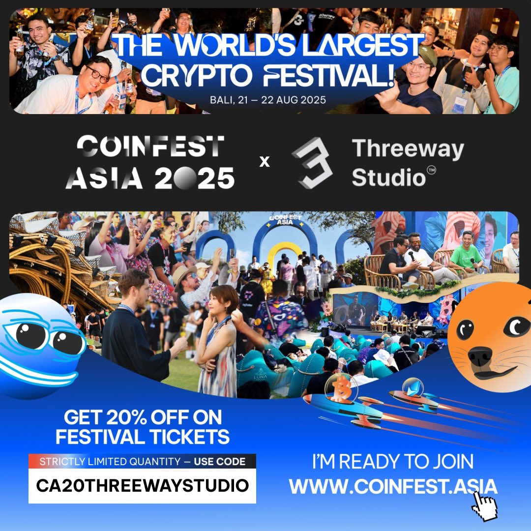 Threeway Studio ✈️ Token 2049 (@threewaystudios) on Twitter photo <a href="/Threewaystudios/">Threeway Studio ✈️ Coinfest Asia</a> is <a href="/CoinfestAsia/">Coinfest Asia</a> 2025's official community #partner 🤝
☀️Take part in The World’s Largest #Crypto Festival, where innovation meets adoption🚀
🎟 Get your #tickets at coinfest.asia & use our special promo code CA20THREEWAYSTUDIO to get flat 20% off⚡️ <a href="/Threewaystudios/">Threeway Studio ✈️ Coinfest Asia</a> is <a href="/CoinfestAsia/">Coinfest Asia</a> 2025's official community #partner 🤝
☀️Take part in The World’s Largest #Crypto Festival, where innovation meets adoption🚀
🎟 Get your #tickets at coinfest.asia & use our special promo code CA20THREEWAYSTUDIO to get flat 20% off⚡️