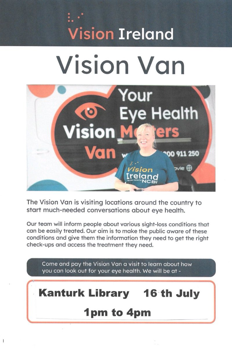 Vision Ireland will visit Kanturk Library on 16th July next from 1pm to 4pm.

Vision Ireland - Ireland’s national sight loss agency - mission is to transform the lives of people who are blind or vision impaired.

They work with children and adults across the country with a range