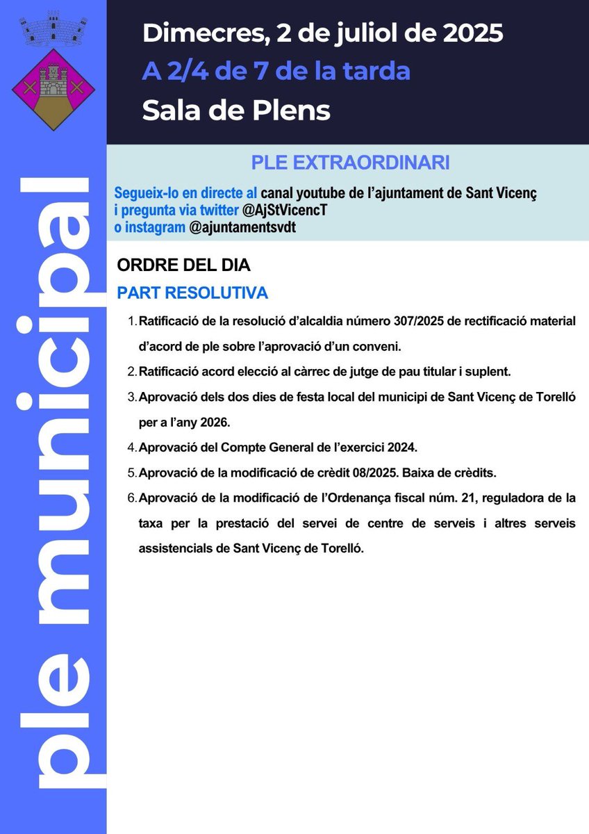 🙋🏻‍♀️🙋🏽‍♂️ L'Ajuntament de Sant Vicenç de Torelló celebra aquest dimecres 2 de juliol a les 18:30h, el Ple extraordinari del mes de juliol

🖥️ El podreu seguir en directe des del canal de youtube de l’Ajuntament
youtube.com/@ajuntamentdes…

Podeu consultar aquí l'ordre del dia👇