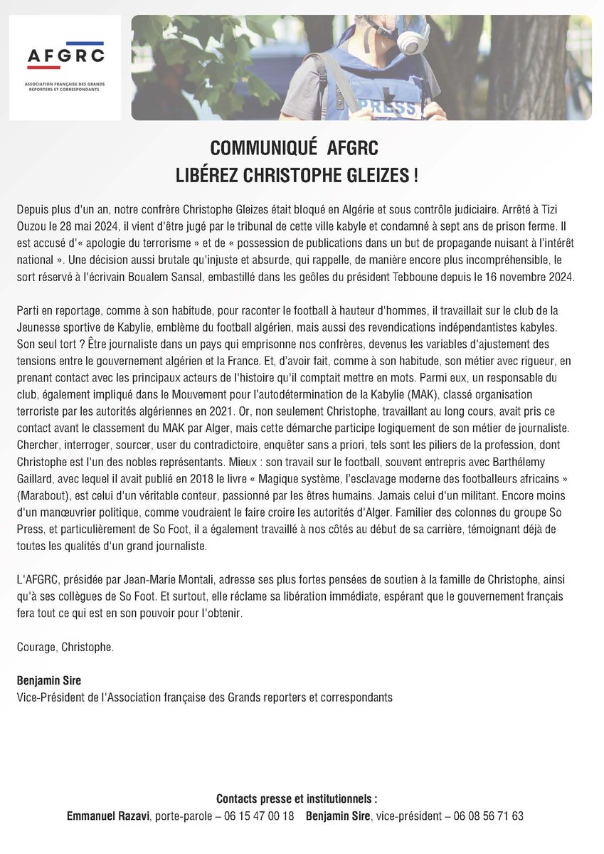 Mon communiqué au nom de l'Association française des Grands reporters et correspondants, récemment créée, pour demander la libération de Christophe Gleizes, condamné à 7 ans de prison ferme en Algérie, pour avoir fait son métier de journaliste. <a href="/sofoot/">SO FOOT</a>