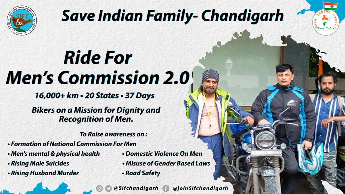 sifchandigarh's tweet photo. Historic first ever longest nationwide bike ride Part 2.0 reached Chandigarh on the 31st Day #Ride4MensCommission
16000+ kms - 20 states - 37 days
Bikers on a mission to demand men’s commission in India welcomed by the SIF-Chandigarh team.
#Ride4Men
#Ride4Cause
@WeAreSIF https://t.co/cIcAzh9YKS