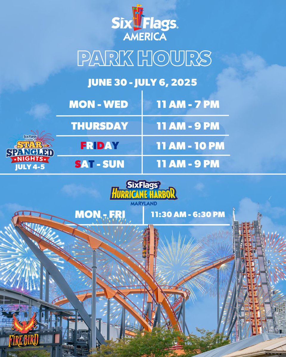 Don't miss #SixFlagsAmerica's Star-Spangled Nights - back-to-back nights of dazzling fireworks in the DMV!
🗓️ Calendar &amp; Hours: bit.ly/4apjYfs
💳Season Passes &amp; Tickets: bit.ly/43YEEZI