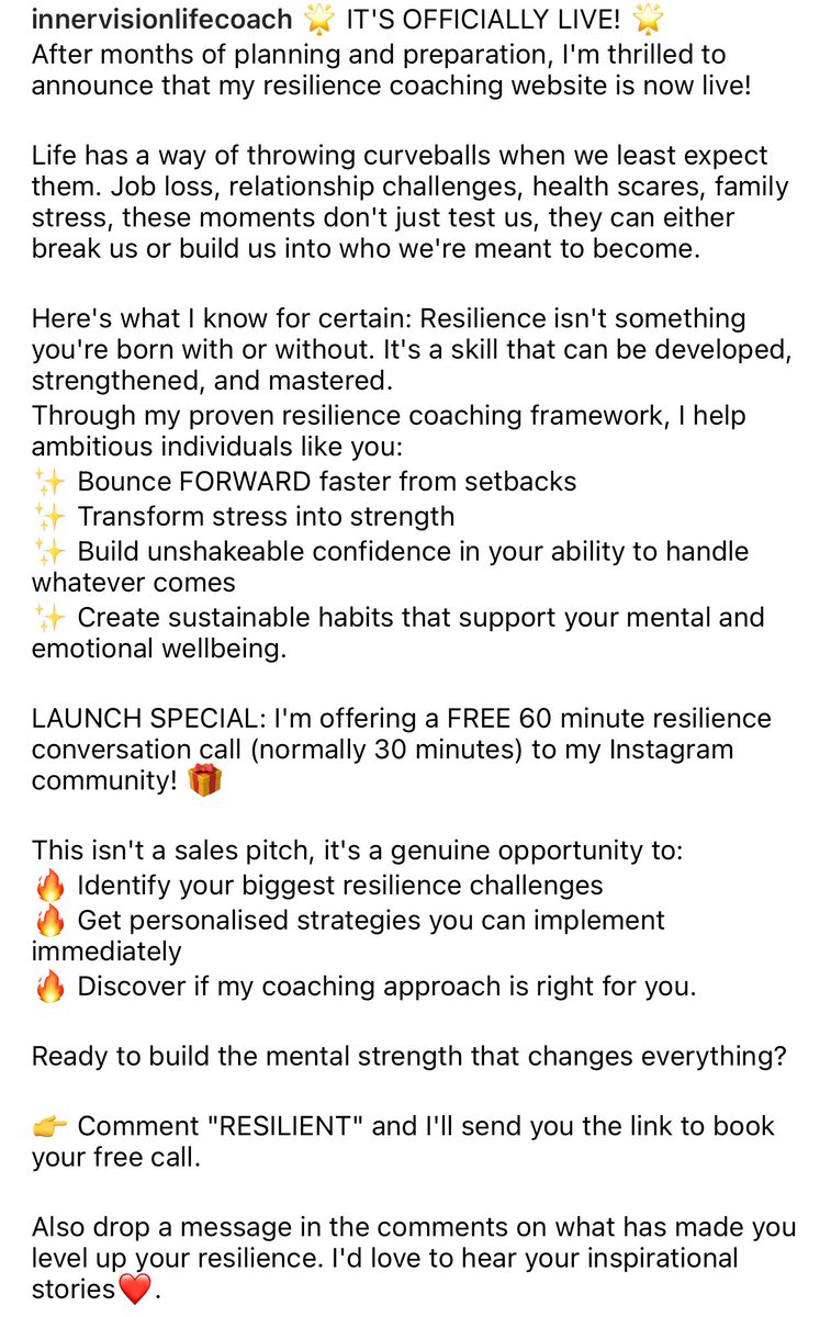 And it’s LIVE!! <a href="/henal1973/">Henal Chotai MIH</a> ‘s new venture, <a href="/LifeCoachHenal/">Inner Vision Life Coach</a> is fully live and waiting for YOU! Head on over to #Instagram and comment “Resilient” to book your free 60 min call 📞 instagram.com/innervisionlif… 🙏🏽 #Resilience #LifeCoach #MindsetMatters #LifeSkills #InnerVision
