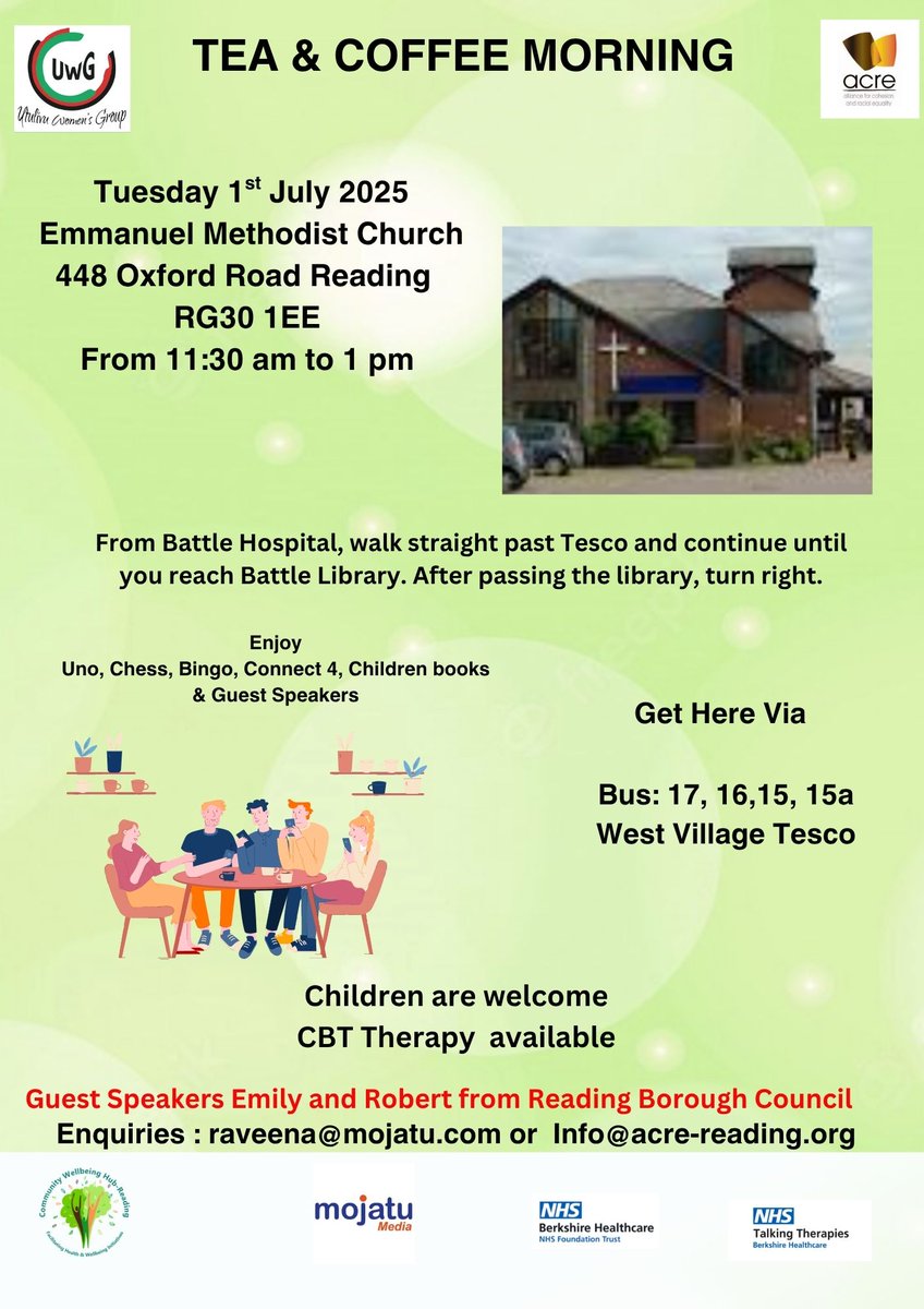 Tea and Coffee Morning tomorrow we have guest speakers Emily and Robert from Reading Borough Council. please come along all are welcome including kids

#Utulivu #Acre #communitywellbeinghubreading #mojatu #berkshirehealthcarefoundationtrust #TalkingTherapies