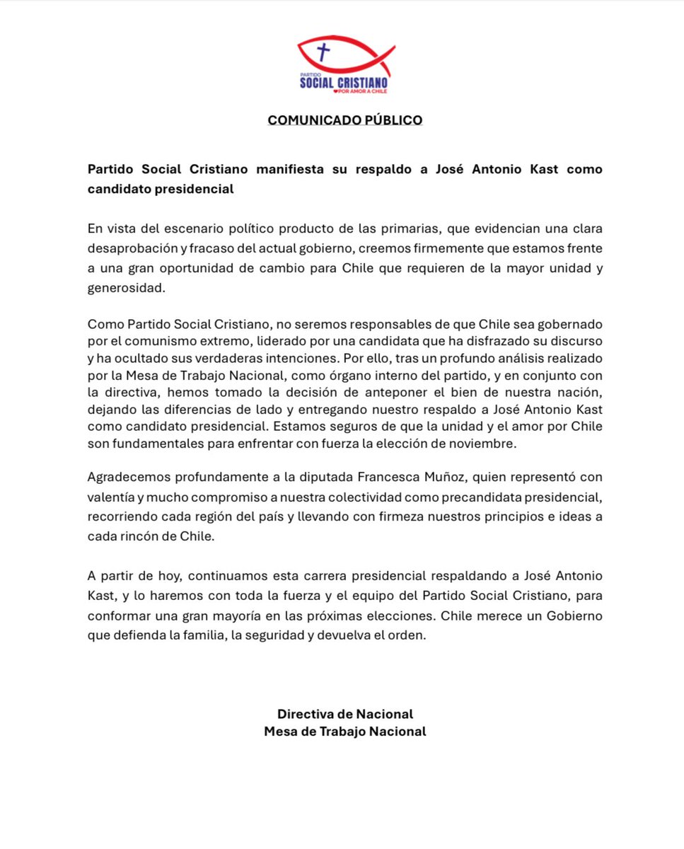 Tras un profundo análisis, hemos tomado la decisión de anteponer el bien de Chile, entregando nuestro respaldo a <a href="/joseantoniokast/">José Antonio Kast Rist 🖐️🇨🇱</a> como futuro presidente.

La unidad, la valentía y el amor por Chile son fundamentales para darle a nuestro país un buen Gobierno.

#porAmorAChile