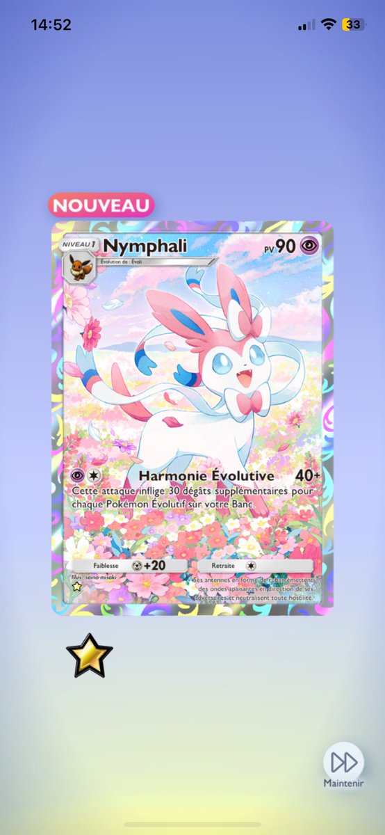NemuzukiKokoa's tweet image. 6e booster et j'ai eu Nymphali cette fois-ci ! J'ai eu mes 2 evolitions préférées 🥰