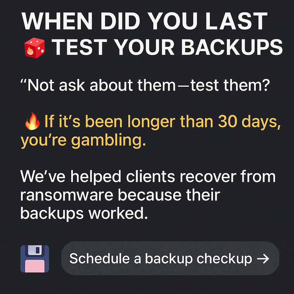 MSCloudBackup's tweet image. When did you last test your backups?
Not check—test. 🔥

If it&apos;s been over 30 days, you’re rolling the dice with your business.

We help companies recover from ransomware because their backups worked.

🎯 Book a checkup: bit.ly/3z2H65R~

#BackupTesting #RansomwareReady