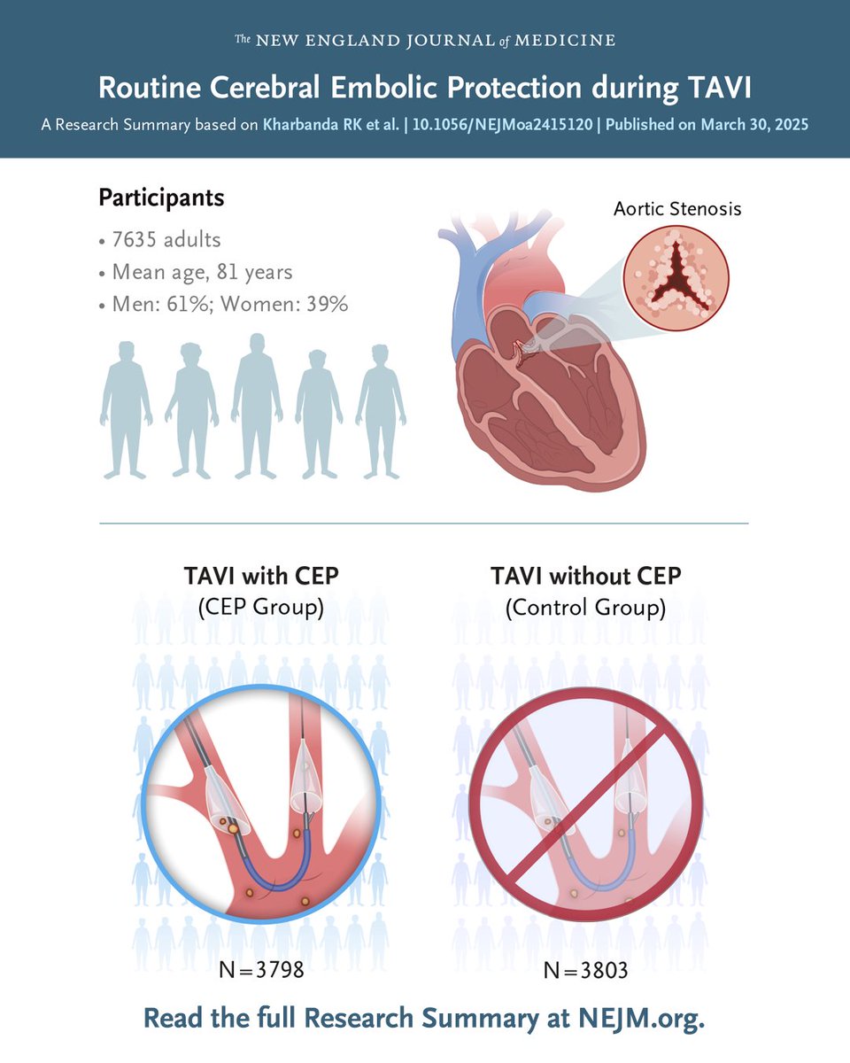 In the BHF PROTECT-TAVI trial, the routine use of cerebral embolic protection during TAVI did not reduce the incidence of stroke within 72 hours or before discharge from the hospital (if discharge occurred sooner). Full trial results and Research Summary: nej.md/41RONXi