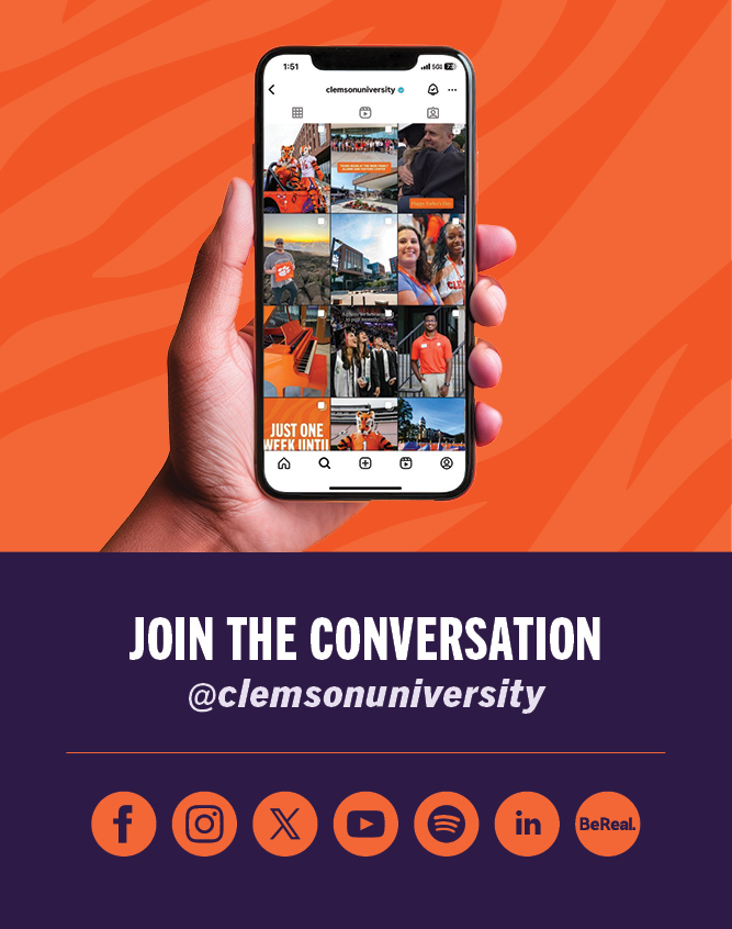 ClemsonUniv's tweet image. Happy National Social Media Day, Clemson Family! Thanks for being part of the conversation. Your voice helps tell the Clemson story. Stay connected with us here and across every platform. Go Tigers! 🧡