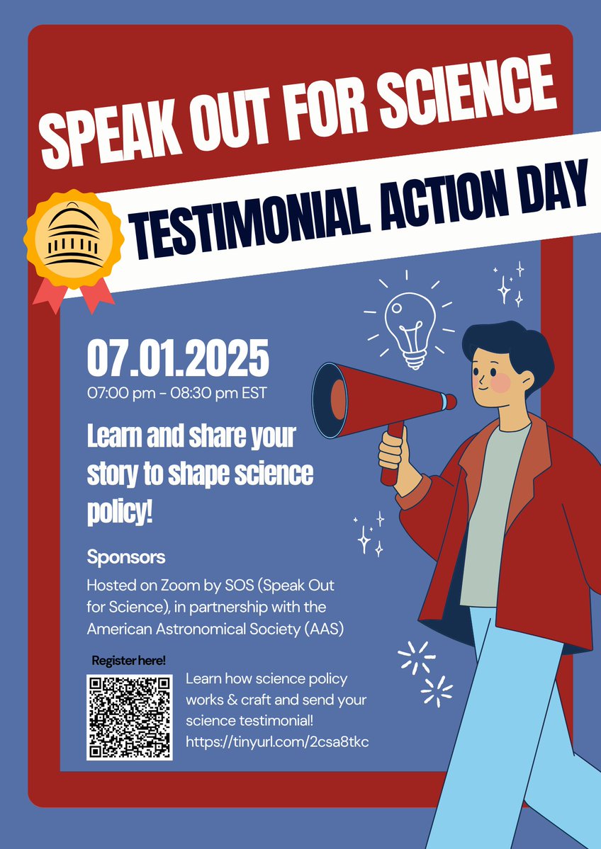 🚨 Speak Out for Science: Testimonial Action Day is to empower scientists at all levels (students, postdocs, faculty) to share their personal stories and make their voices heard by elected representatives. Join us on Zoom, 1 July at 7:00 pm ET. Register:  forms.gle/38ZtznWT3fxeTW…
