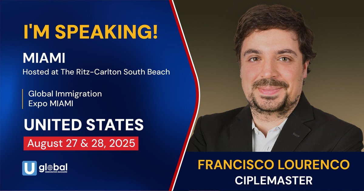 UglobalOfficial's tweet image. We proudly announce that Francisco Lourenço from Ciplemaster will speak at our Global Immigration Expo in Miami on August 27-28!
Book your seat now!
eventbrite.com/e/2025-eb-5-gl…
#GoldenVisa #investment #investors #InvestmentOpportunities #investing #citizenship #residency #visa #miami
