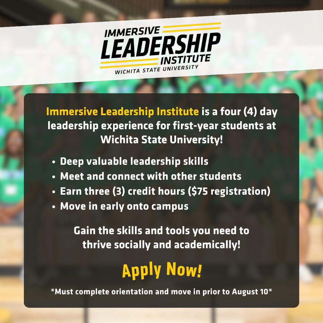 Apply to Immersive Leadership Institute and gain a head start of the 2025-2026 school year! 👀 Move in early onto campus and earn credits, while building valuable leadership skills and friendships 🖤✨