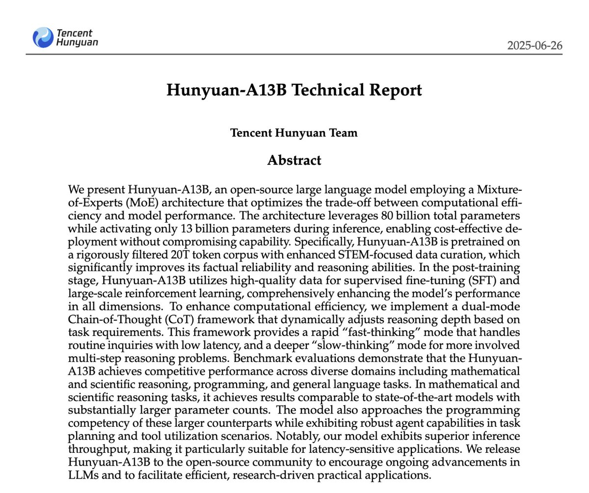 TencentHunyuan's tweet image. Explore Hunyuan-A13B's innovation and technical details in our tech report👇github.com/Tencent-Hunyua…