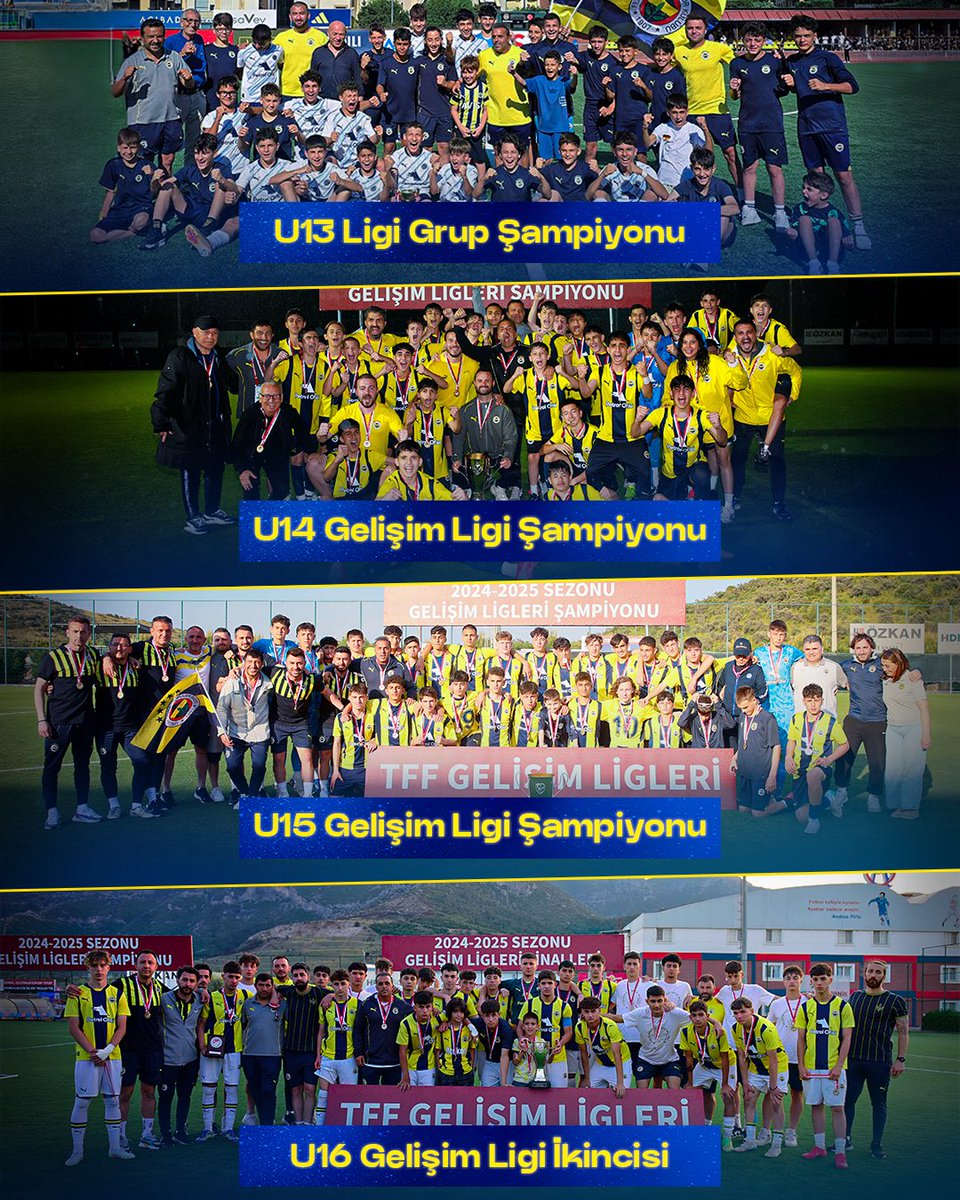 Fenerbahçe Futbol Akademimiz, 2024-2025 sezonunu şampiyonluklarla tamamladı. U15, U14 ve U13 Takımlarımız şampiyonluklar elde ederken U16 Takımımız ise sezonu ikinci sırada bitirdi.

#GençKanaryalar

👉 fenerbahce.org/haberler/futbo…