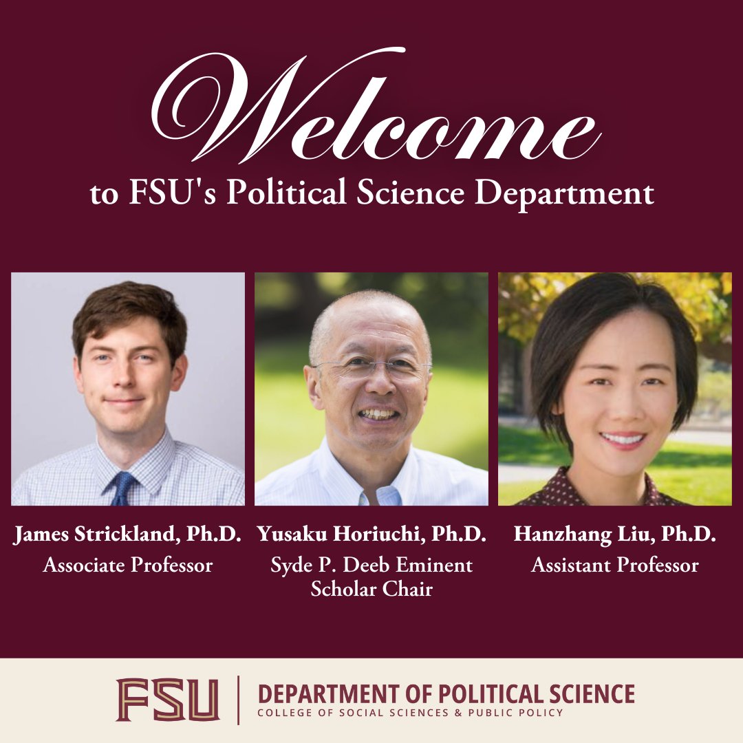 The Political Science Department is proud to announce that three new professors — Dr. Yusaku Horiuchi, Dr. James Strickland, and Dr. Hanzhang Liu - have joined the faculty. Stay tuned this week to learn more about them.