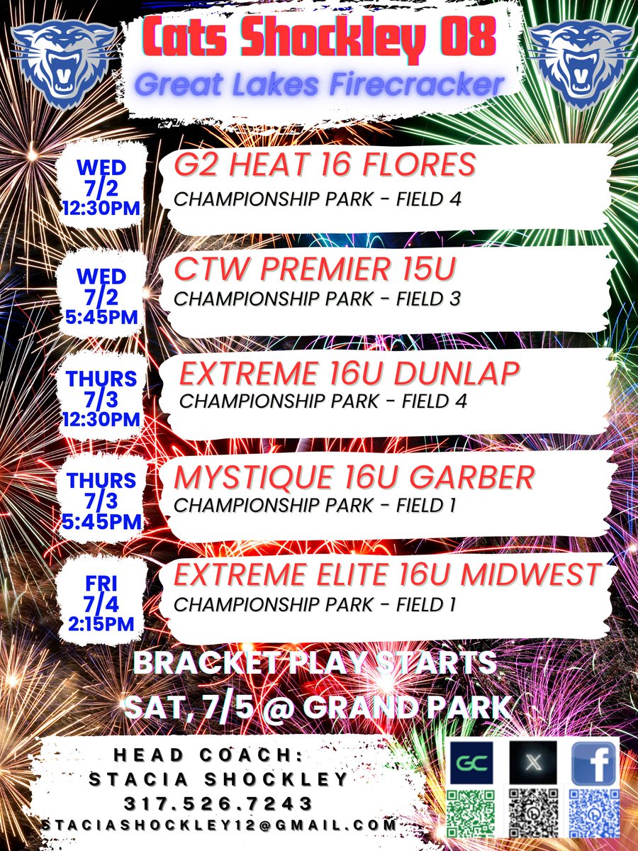 The Cats are right back at it starting this Wednesday in the Great Lakes Firecracker!  Come cheer them on in person or follow-along on Game Changer!  **Note Pool Play Games are at Championship Park and Bracket play is at Grand Park.**