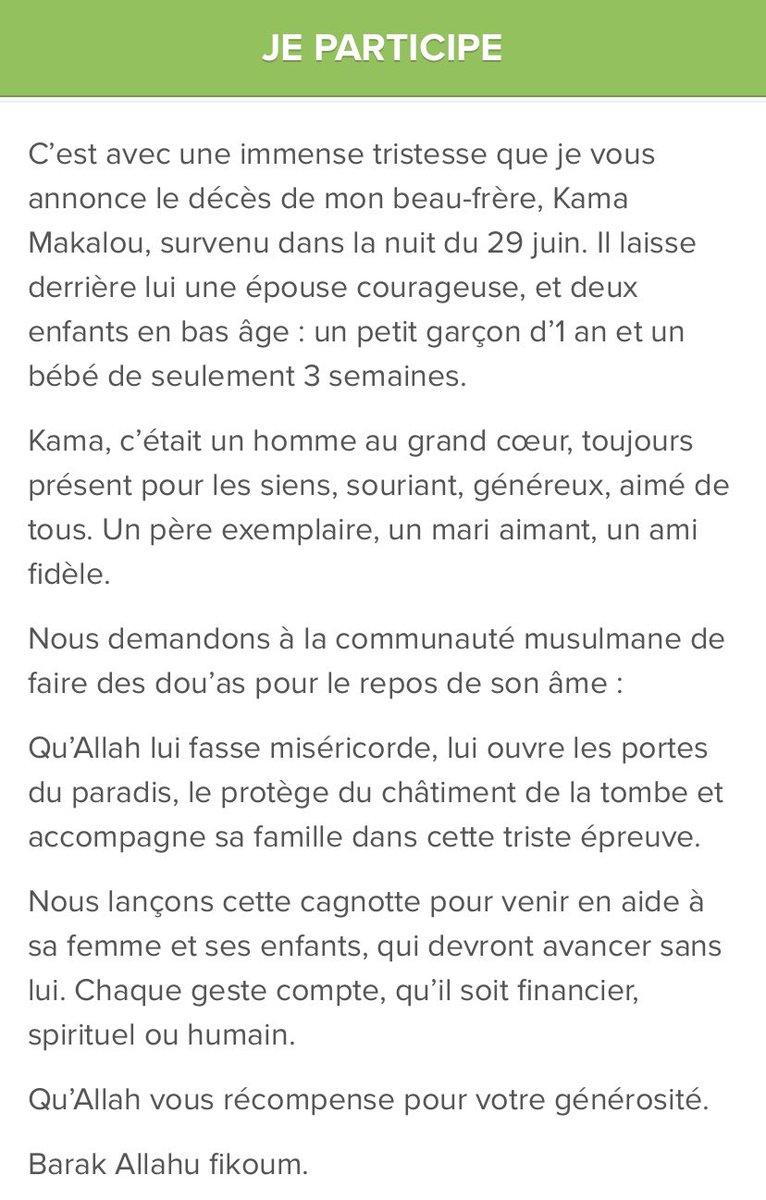 Dvms_knt's tweet photo. salam aleykoum, je partage la cagnotte de la belle famille, il laisse derrière lui une femme et deux petits enfants.. qu’Allah te fasse miséricorde Kama ❤️❤️❤️❤️🤲🏾🤲🏾 https://t.co/381geDBWRU