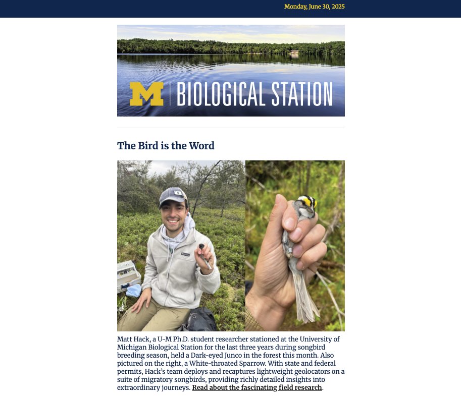 UM Biological Station (@umbs) on Twitter photo Track songbird migration, hear the <a href="/UMich/">University of Michigan</a> Biological Station artist in residence's first song, be inspired by a studentās resilience after brain injury, and meet a creative alumna making science fun for all. Read our June newsletter and subscribe: myumi.ch/E86P3 Track songbird migration, hear the <a href="/UMich/">University of Michigan</a> Biological Station artist in residence's first song, be inspired by a studentās resilience after brain injury, and meet a creative alumna making science fun for all. Read our June newsletter and subscribe: myumi.ch/E86P3