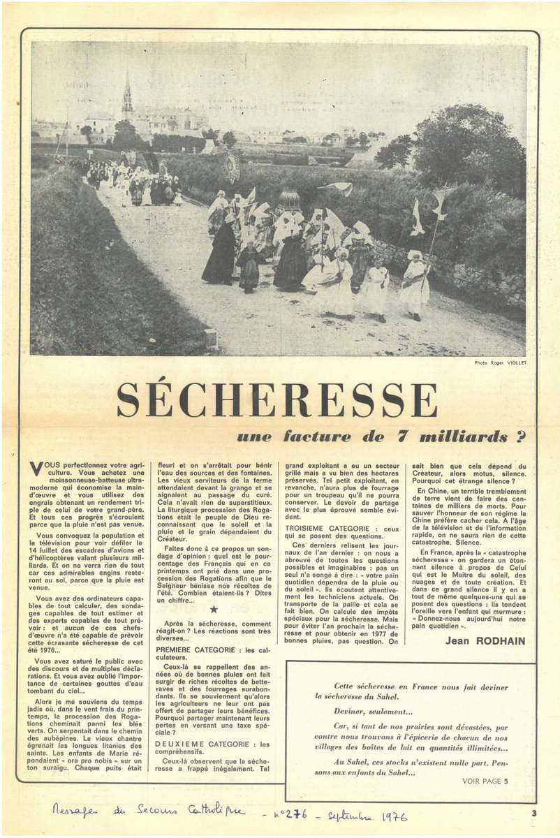 A l’#été 1976, alors que la #canicule frappe le pays, et que la sécheresse perdure, des catholiques réfléchissent à la manière dont l’événement climatique interroge leur foi. 
Une question en particulier agite le monde catholique : faut-il prier pour la pluie ?

1 / 18