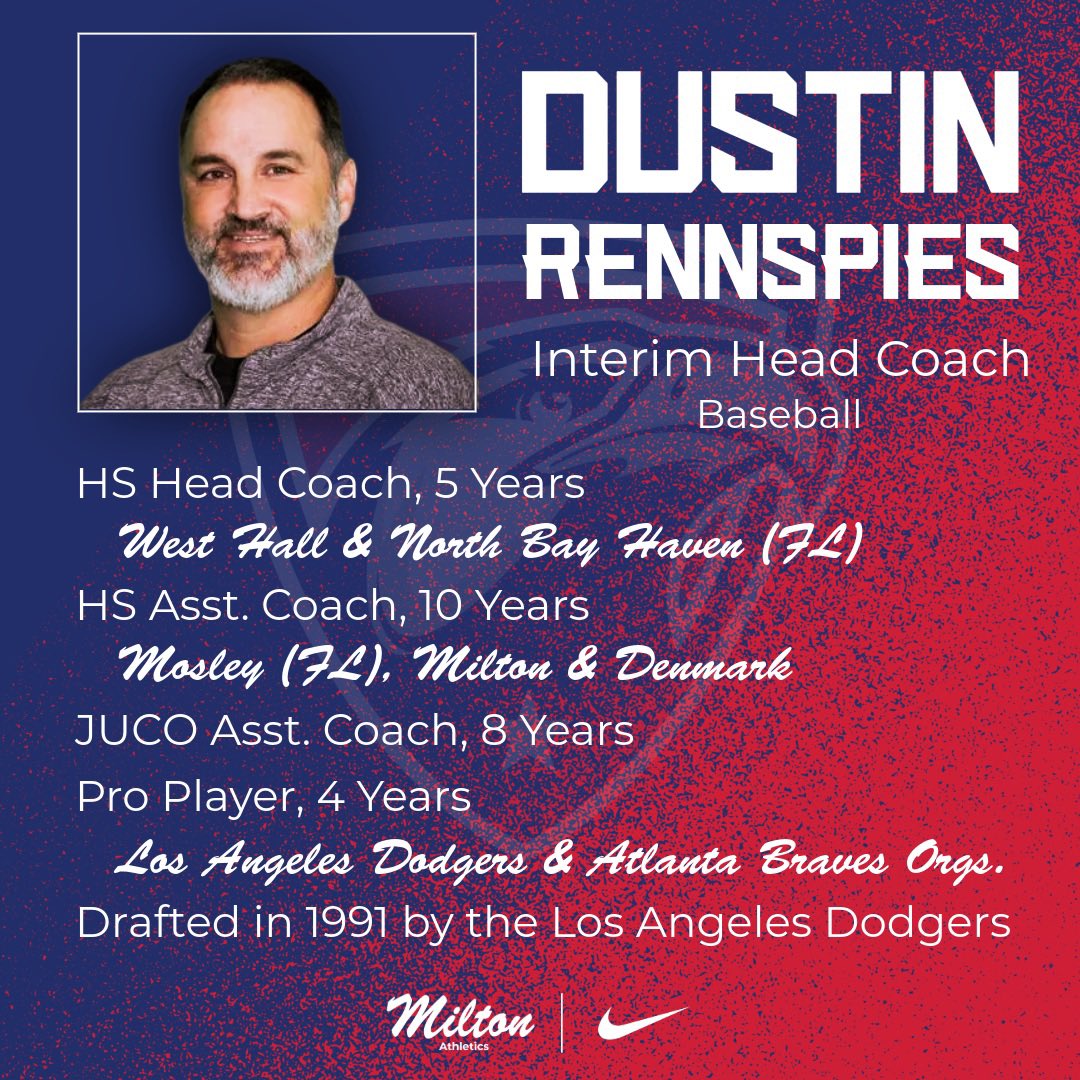 Milton 🦅 Athletics (@miltoneaglesad) on Twitter photo Please join us in welcoming Dustin Rennspies back to the Nest!
Coach Rennspies will be taking over <a href="/Milton_Baseball/">Milton Baseball</a> for the 25-26 school year.
We ride! 🤘 Please join us in welcoming Dustin Rennspies back to the Nest!
Coach Rennspies will be taking over <a href="/Milton_Baseball/">Milton Baseball</a> for the 25-26 school year.
We ride! 🤘