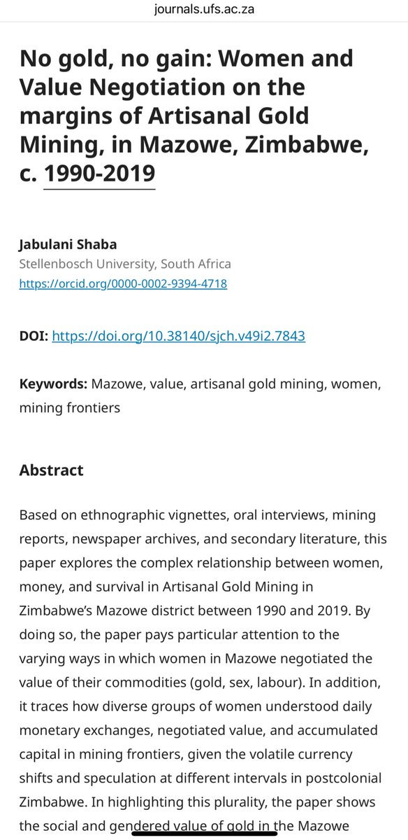 Jabulani Shaba (@jabulanishabazw) on Twitter photo Excited to share my latest publication on women and artisanal gold mining in Zimbabwe. Special thanks to my PhD supervisor <a href="/WildPasts_/">Sandra Swart</a> and <a href="/geraldinsibanda/">geraldine sibanda</a> and <a href="/ale_decola/">Alessandro De Cola</a> for putting together the special issue on Reframing African Monetary History.
journals.ufs.ac.za/index.php/jch/… Excited to share my latest publication on women and artisanal gold mining in Zimbabwe. Special thanks to my PhD supervisor <a href="/WildPasts_/">Sandra Swart</a> and <a href="/geraldinsibanda/">geraldine sibanda</a> and <a href="/ale_decola/">Alessandro De Cola</a> for putting together the special issue on Reframing African Monetary History.
journals.ufs.ac.za/index.php/jch/…