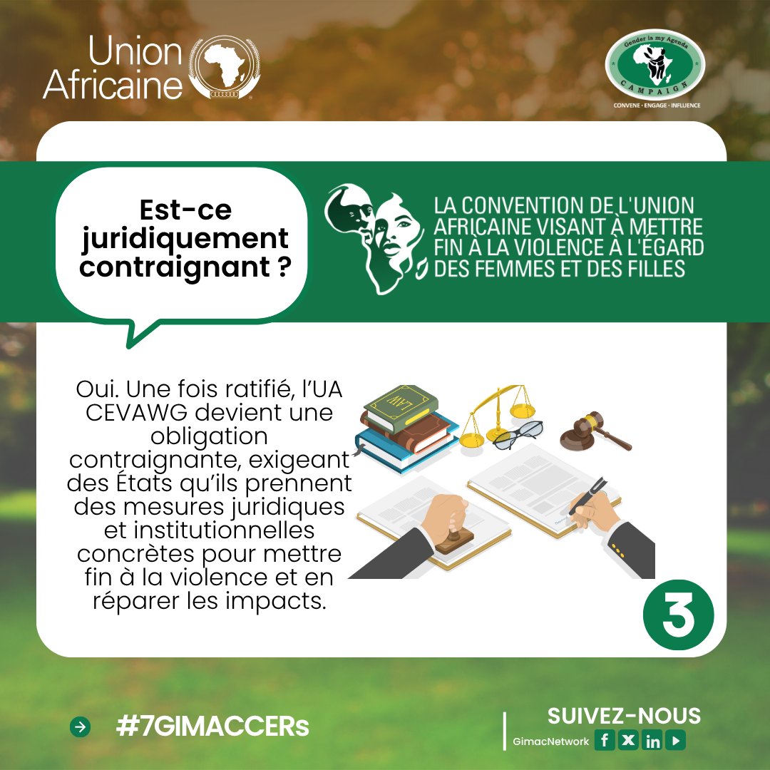 Ce n’est pas une déclaration de plus. Une fois ratifiée, la CEVAWG devient une loi.
Il est temps de cesser de constater le problème et de commencer à appliquer la solution.
#7GIMACCERs #14GIMACJeunes