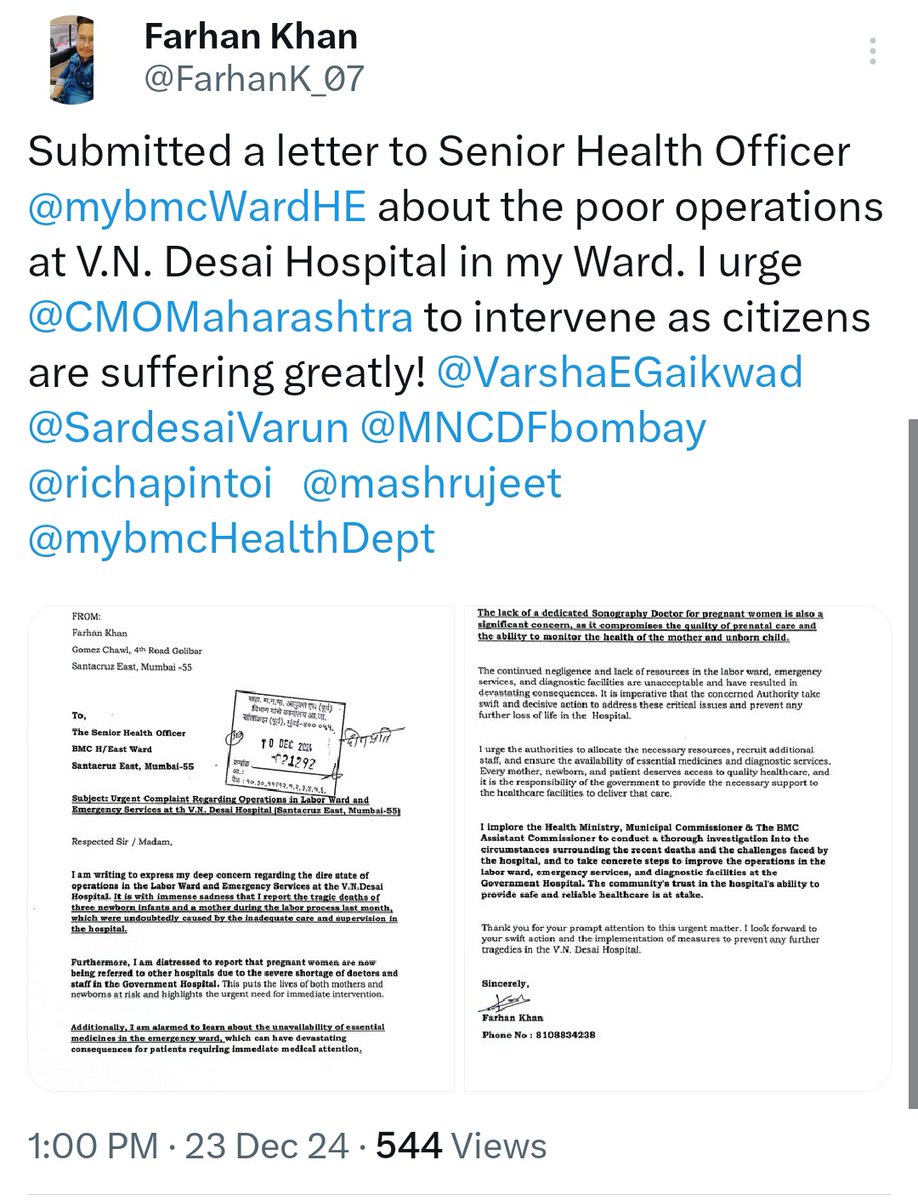 In recent years,I have raised multiple issues&amp;complaints regarding VN Desai Hosp.These include the unavailability of doctors,a non-operational CT scan,problems with the labor ward,&amp;many other. It's encouraging to see MLA <a href="/SardesaiVarun/">Varun Sardesai</a> taking a personal interest in these matters!