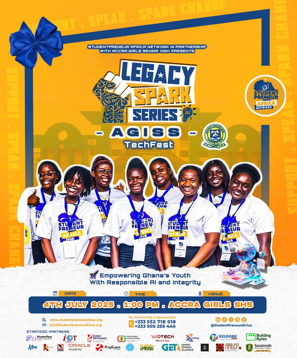 🚀 Excited to see the next generation of innovators at the Legacy Spark Series - AGISS TechFest! Empowering Ghana's youth with Responsible AI and Integrity. FlutterFlow ATU supports initiatives that build future tech leaders! 🗓️ July 4th, 2025 | 📍 Accra Girls SHS