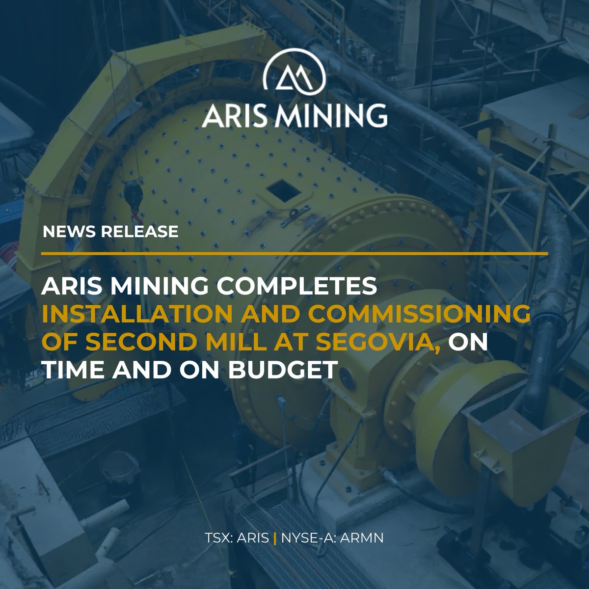 ArisMining's tweet image. 📢 We are pleased to announce the successful installation and commissioning of a second mill at our high-grade Segovia Operations in Antioquia, Colombia on time and within budget.
This expansion marks a significant milestone in our organic growth strategy and increases Segovia’s…