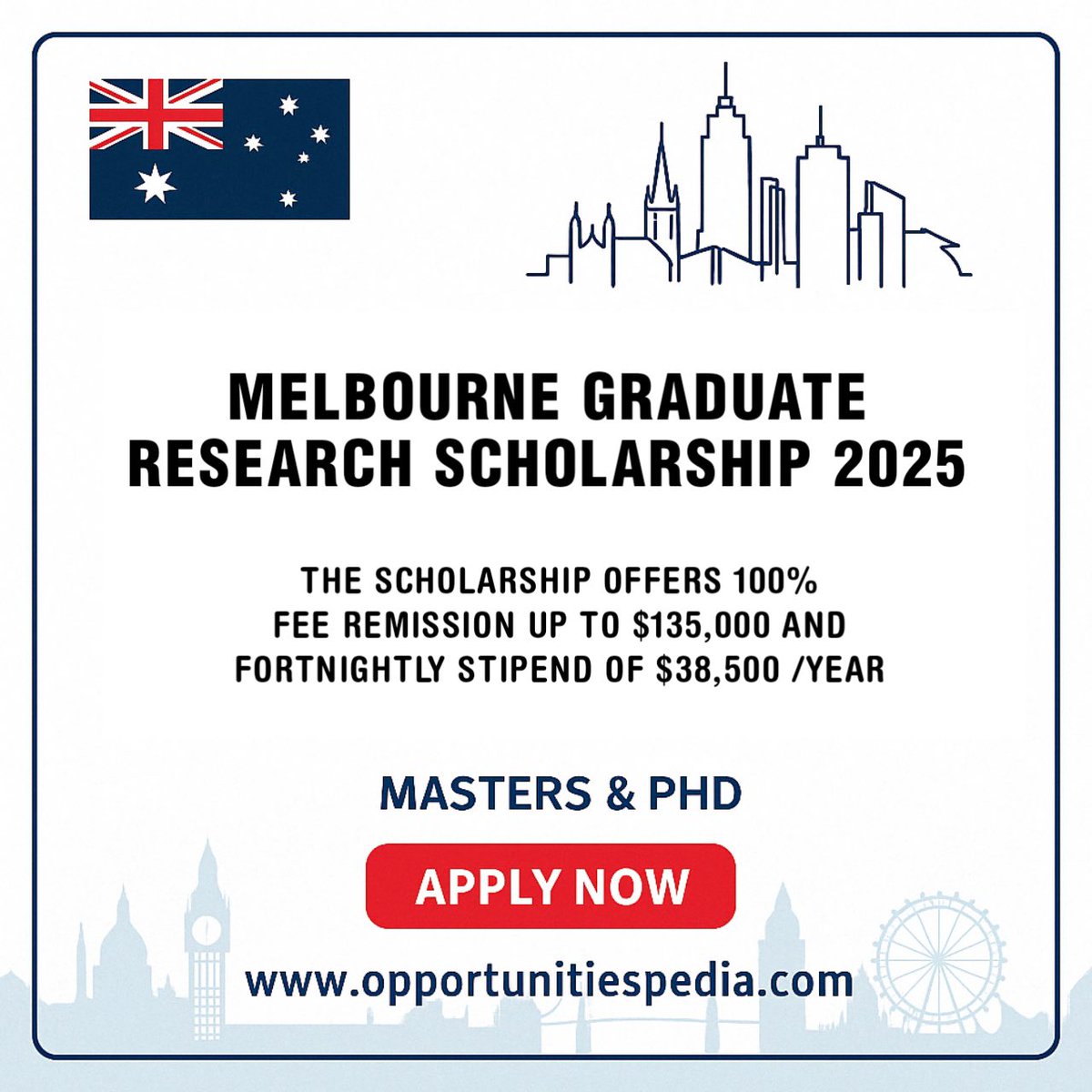 Melbourne Graduate Research Scholarship 2025 in Australia 🇦🇺

Fully funded opportunity for Master’s &amp; PhD degrees at the University of Melbourne!

Benefits:
✅ 100% Fee Remission
✅ Annual Stipend: $38,500
✅ Open to All Nationalities

Details: opportunitiespedia.com/melbourne-grad…