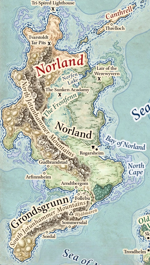 Norland was a large island in the Moonshae Isles. The human Kingdom of Norland dominated most of the island. The southern tip of the island was inhabited mostly by firbolgs
#dnd #forgottenrealms #Realmslore 

📖: Dungeon 196
🎨: <a href="/schley/">Mike Schley</a>

forgottenrealms.fandom.com/wiki/Norland