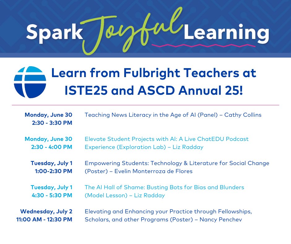 #ISTELive and #ASCDAnnual attendees, don’t miss the opportunity to hear directly from Fulbright Teacher #ExchangeAlumni! Be sure to check out their sessions throughout the week. ⬇️