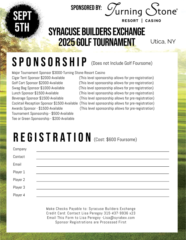 The Syracuse Builders Exchange is pleased to continue the Utica area traditional golf outing. Registration opens July 21st. Pre-registration is available for sponsorship levels of $ 1,500 and above. The event is limited to 128 golfers.

Contact Lisa Peregoy