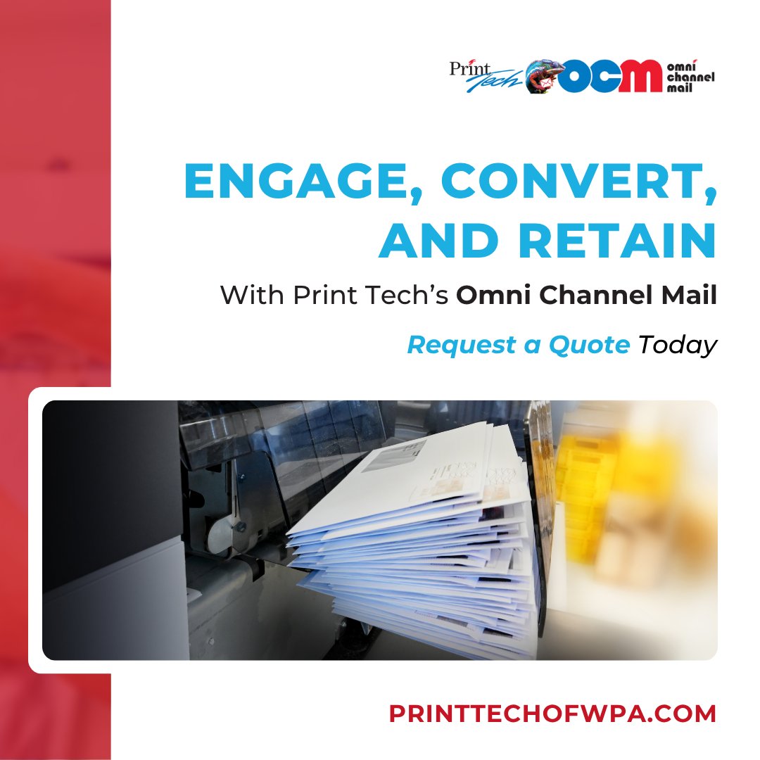 PrintTechOfWPA's tweet image. Engage, convert, and retain in one integrated solution with Print Tech’s Omni Channel Mail.

Reach every audience automatically with:
• Mail and Call Tracking
• Online Follow-Up
• LeadMatch®
• Variable Data Printing

Request a quote: hubs.ly/Q03rqZ2P0

#ThinkPrintTech