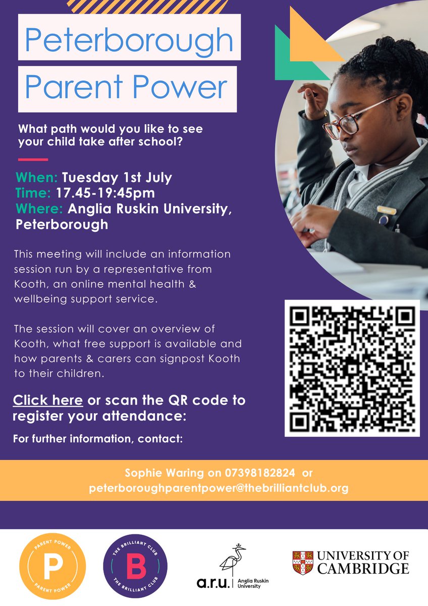 You're invited to our final Parent Power meeting of the academic year🌞

Join us for an information session delivered by a representative from Kooth, an online mental health &amp; wellbeing support service. Sign up via the QR code👇

📅1st July
⏲️5:45-7:45pm
📍<a href="/AngliaRuskin/">ARU</a>