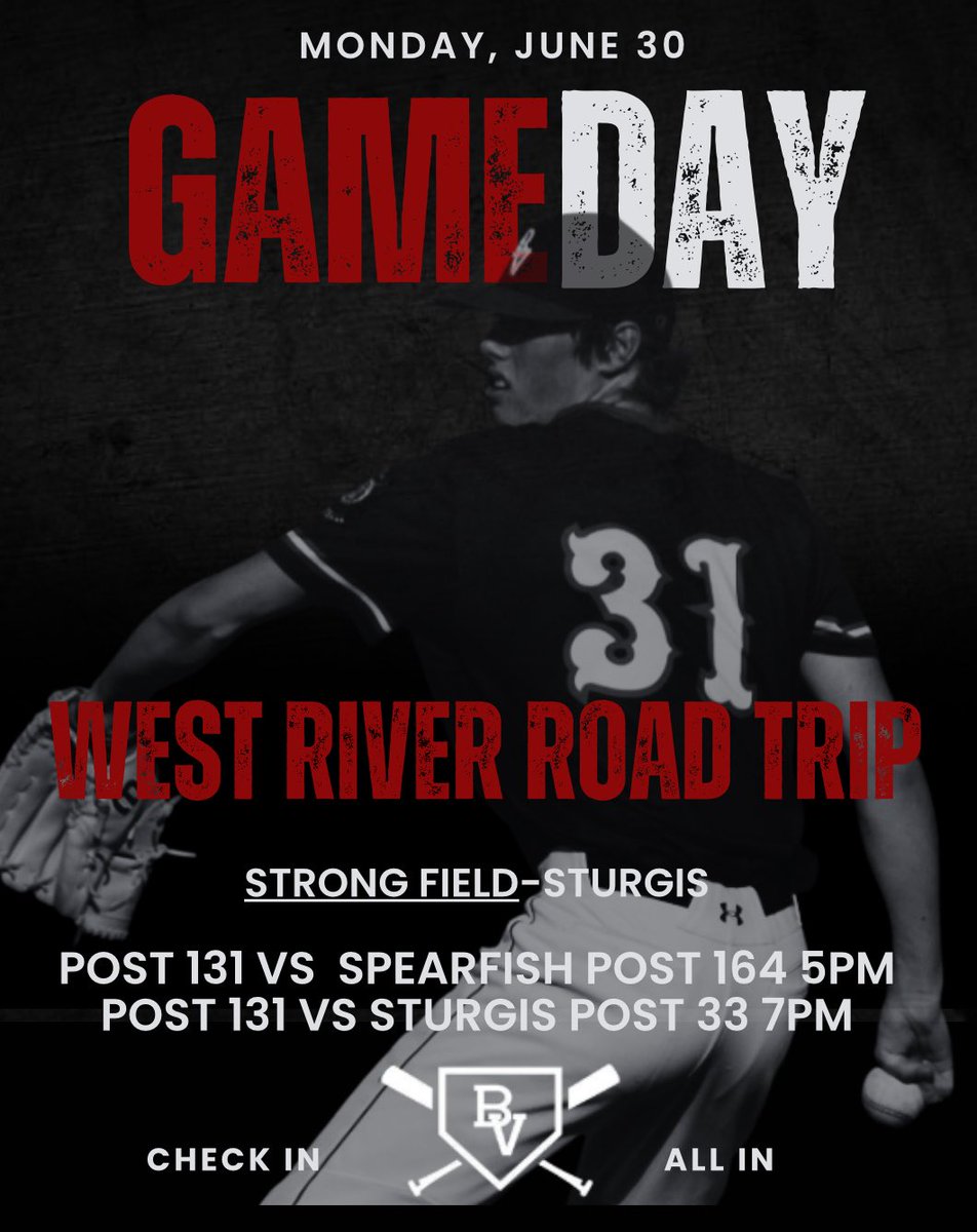 🚨GAME DAY!🚨

Post 131 heads west river for a two day trip to play four games.  Two games in Sturgis and two in Rapid City.

Day 1: Monday
📍Strong Field- Sturgis
🆚 Spearfish 5:00pm MT
🆚 Sturgis 7:00pm MT

CHECK IN - ALL IN