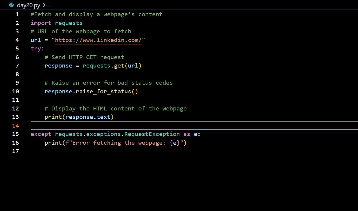MadhusmeetaM's tweet image. 𝗗𝗮𝘆 𝟮𝟬 of my #30DaysOfPython 🚀
June 16, 2025 | @indiandataclub
Today's focus: Networking with Python
✅ requests module (HTTP)
✅ Fetched & displayed webpage content
Big thanks to the amazing
#PythonNetworking #WomenInTech #IDC30DaysChallenge