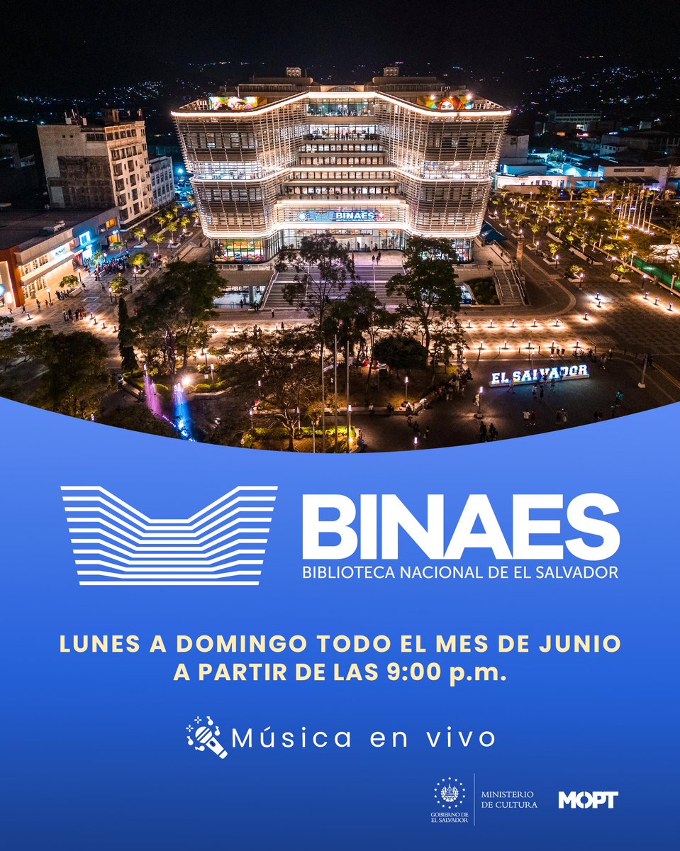 Ministerio de Obras Públicas (@obraspublicassv) on Twitter photo No olvides que todos los días tenemos música en vivo frente a la <a href="/BINAES/">Biblioteca Nacional de El Salvador</a>. No olvides que todos los días tenemos música en vivo frente a la <a href="/BINAES/">Biblioteca Nacional de El Salvador</a>.