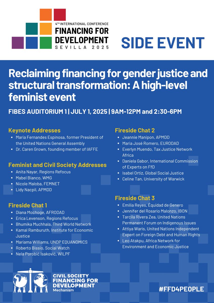 📢Do not miss this! A High-Level Feminist Event✊Reclaiming Financing for Gender Justice &amp; Structural Transformation

Join  feminist leaders, and High-Level Representatives for a jampacked, all-day #FeministFfD  #FfD4 #FfD4People
🔗More here: ow.ly/OZGO50Wikww