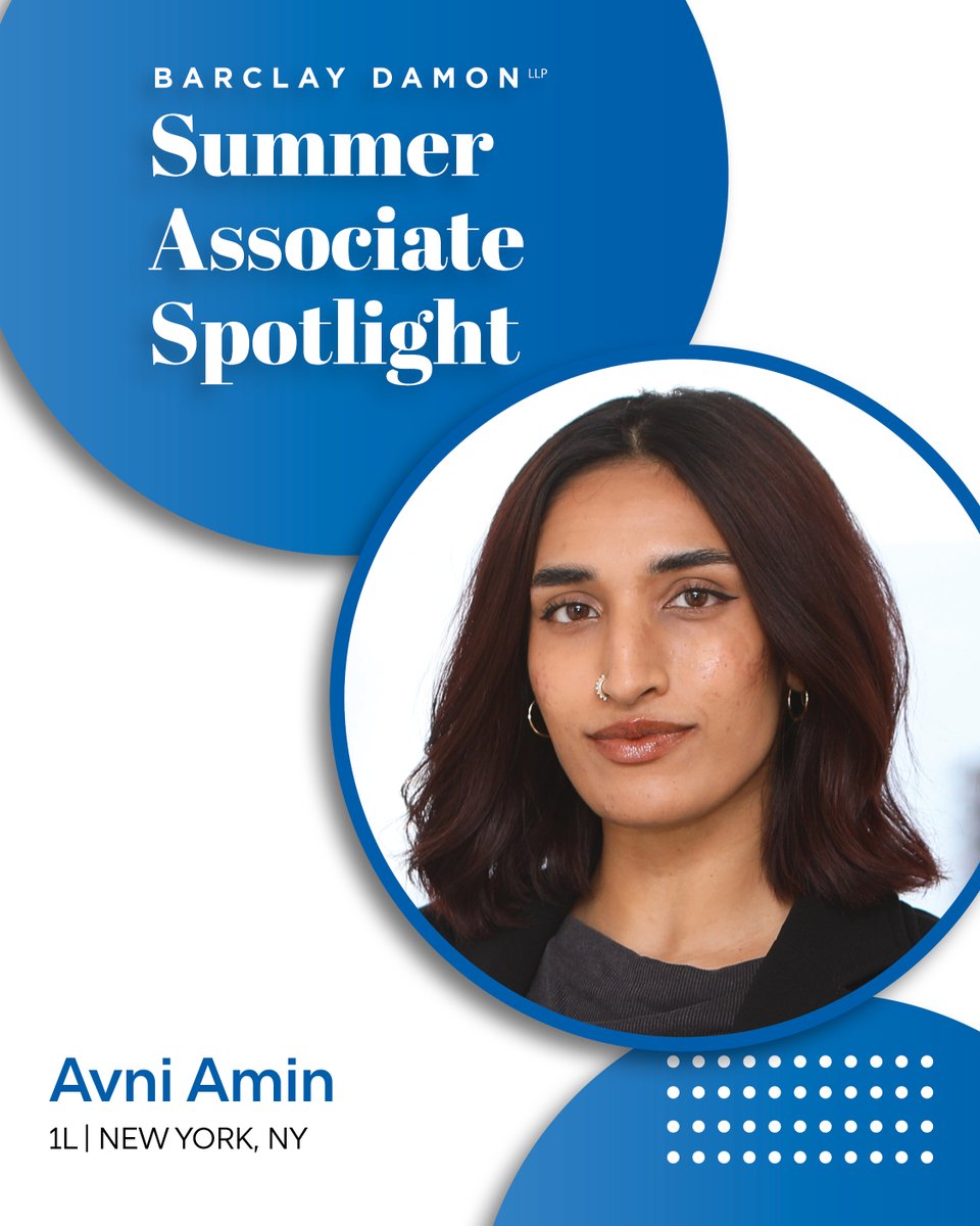 BarclayDamonLLP's tweet image. Meet Avni Amin, a 1L summer associate in our #NewYorkCity office. Avni has joined Barclay Damon from Brooklyn Law School.

We’re excited to have Avni’s blend of precision, creativity, and passion on our team this summer.

#SummerAssociate #Spotlight #FutureLeaders #FutureLawyers