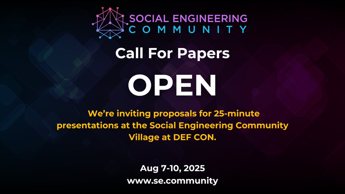sec_defcon's tweet image. 🚨 Deadline day! Submit your 25-min talk to the Social Engineering Community Village at DEF CON.
Limited slots.
Deadline: June 30, 2025 at 5pm PT
🔗 se.community/presentations/