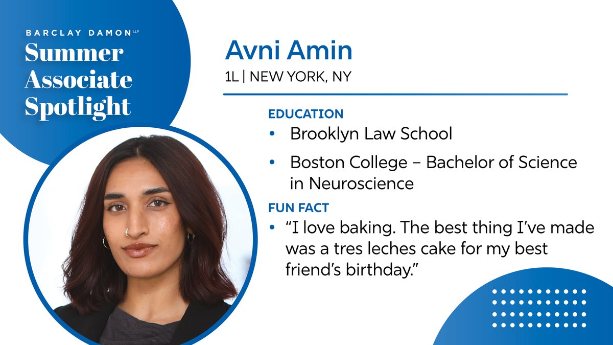 BarclayDamonLLP's tweet image. Meet Avni Amin, a 1L summer associate in our #NewYorkCity office. Avni has joined Barclay Damon from Brooklyn Law School.

We’re excited to have Avni’s blend of precision, creativity, and passion on our team this summer.

#SummerAssociate #Spotlight #FutureLeaders #FutureLawyers
