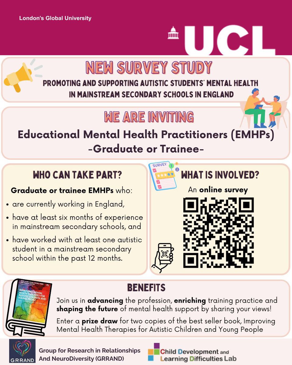 📢New survey study for #EducationMentalHealth Practitioners    #EMHPs 

Kindly support us in hearing from graduate or trainee EMHPs’ views on supporting #autistic students’ #MentalHealth in mainstream secondary schools.

🔗 Link: shorturl.at/aqVDH

<a href="/grrand_team/">GRRAND</a> <a href="/CDLDlab/">UCL's CDLD Lab</a>