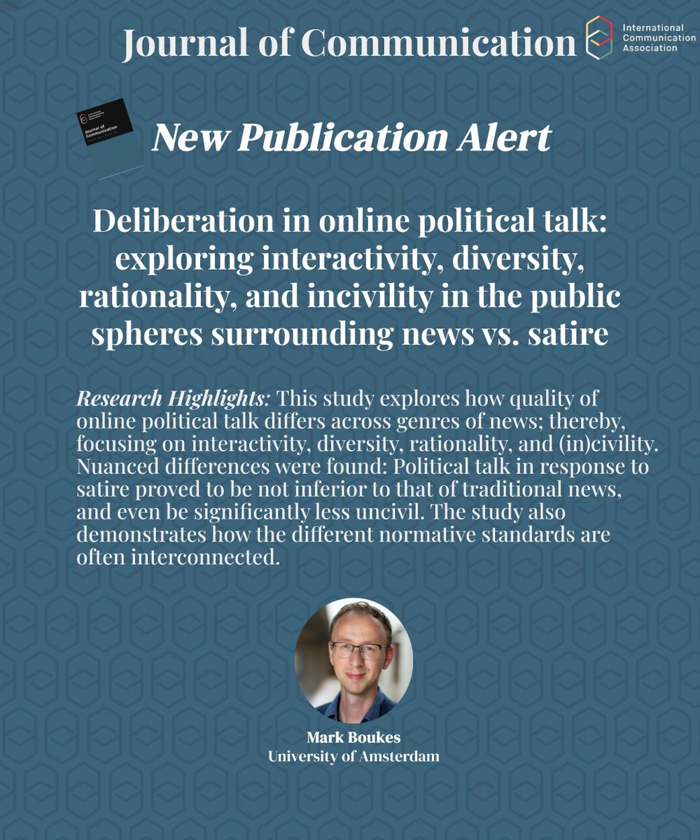 Pub Alert! Introducing new @Journal_of_Comm publication: “Deliberation in online political talk: exploring interactivity, diversity, rationality, and incivility in the public spheres surrounding news vs. satire”, by Mark Boukes  @markboukes 
Read here: doi.org/10.1093/joc/jq…