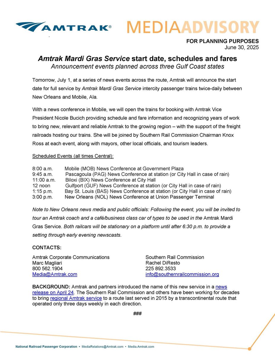 RAILMag's tweet image. Amtrak Mardi Gras launch date + schedule &amp;amp; fare announcement tomorrow with events across the whole corridor!