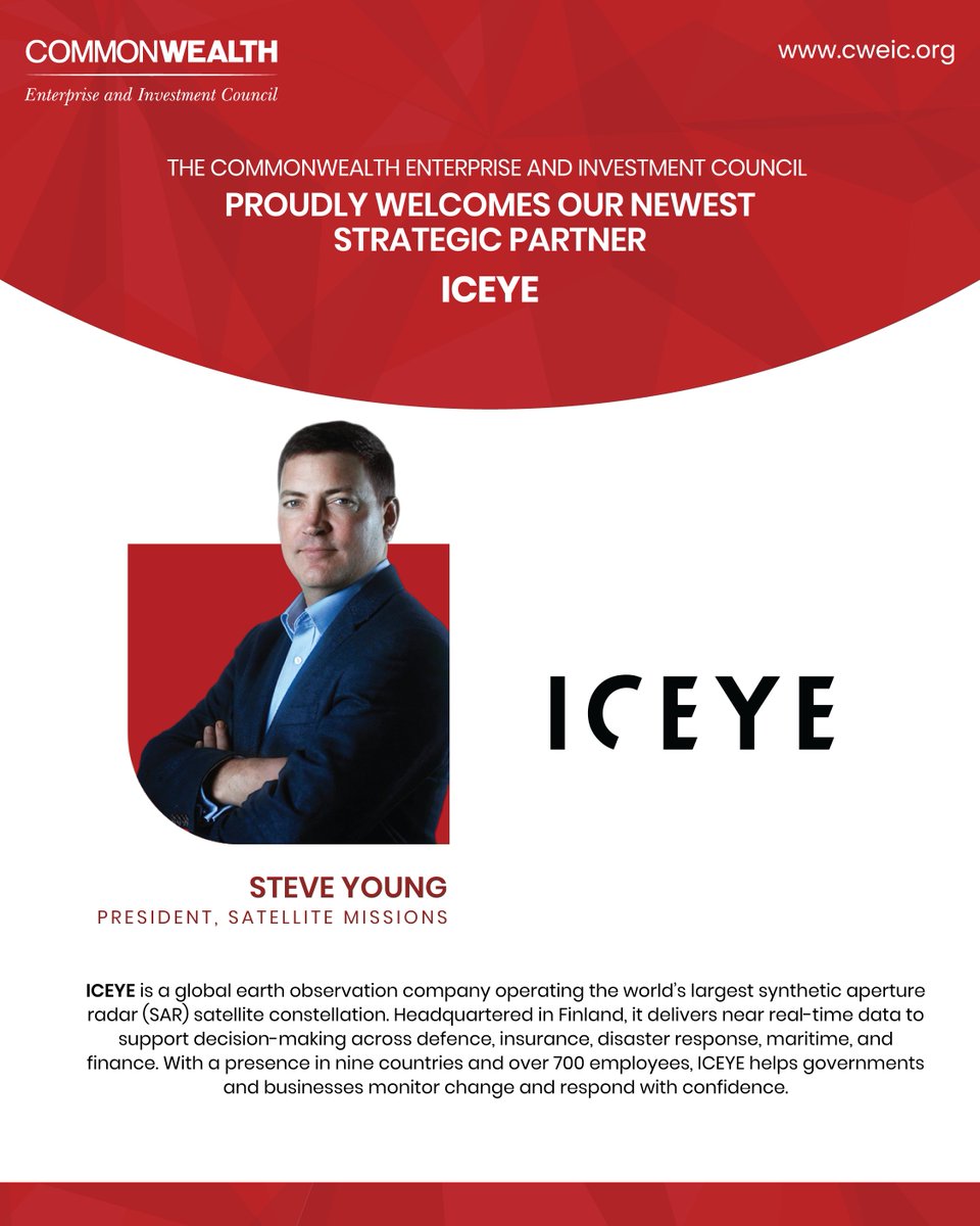 CWEIC welcomes ICEYE as our latest Strategic Partner and Mr Steve Young, President of Satellite Missions, to the Global Advisory Council, representing ICEYE’s leadership in satellite-based intelligence and earth observation.

Read more here: cweic.org/iceye-new-stra…

#CWEIC
