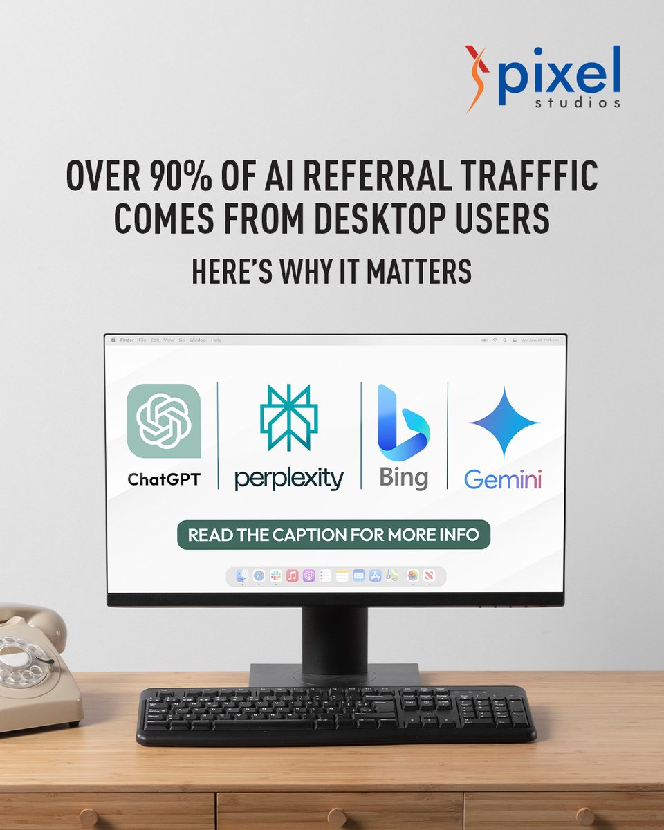 thepixelstudios's tweet image. Over 90% of AI referral traffic comes from desktops.
Mobile users rarely click through—desktop is where the real action is.
Perplexity – 96%
ChatGPT – 94%
Bing – 94%
Gemini – 91%
If you're optimizing for AI traffic, focus on where it converts: desktop.