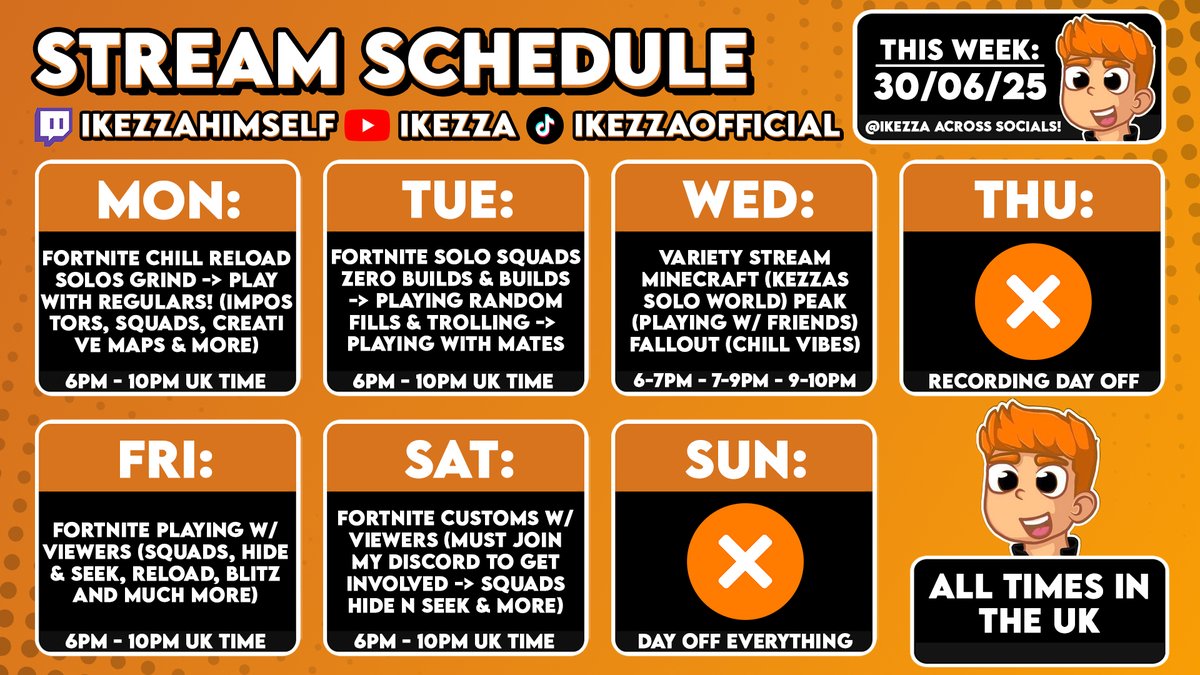 My Official Streaming Schedule This Week! 🥳
 
👉 Chill solo vibes | Playing W/ regulars
👉 Solo squads builds &amp; ZB | random fills
👉 Peak w/ friends | MC world | Fallout vibes
👉 Fortnite customs | Playing with viewers

Drop me a follow &amp; I hope y'all enjoy... 🧡